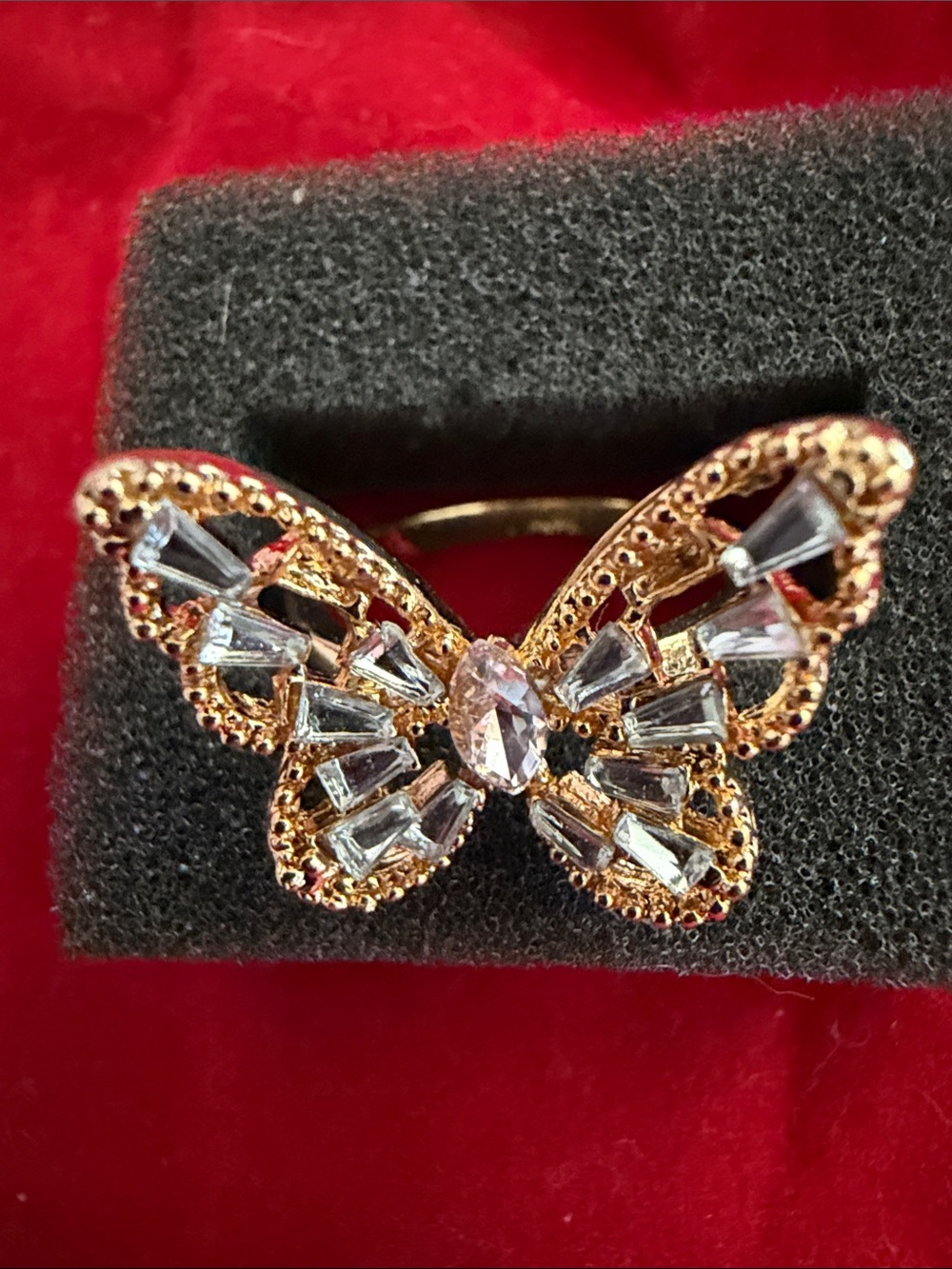 Gold Tone Butterfly Ring, Light Pink Center & Clear Accents, (J296)